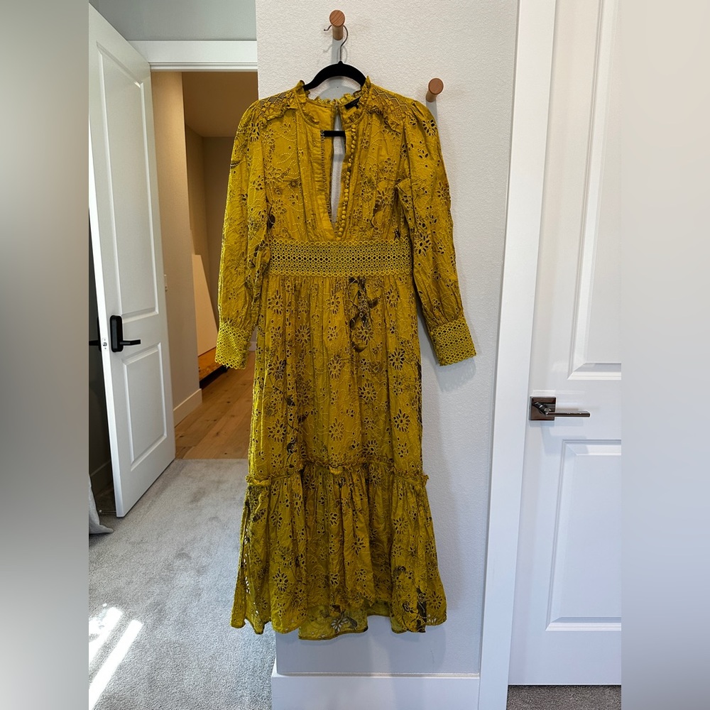AllSaints Mustard Yellow Embroidered Long Sleeve Maxi Dress